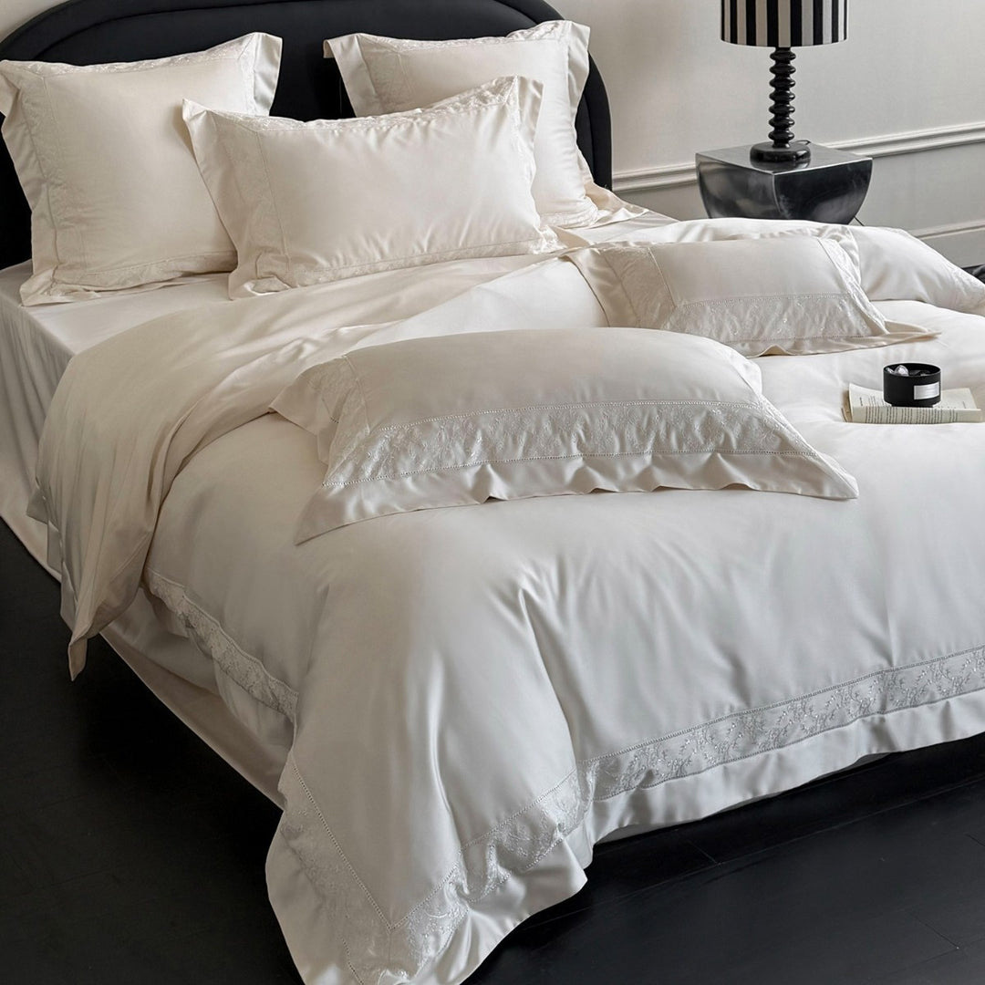 Sateen Duvet Cover Set with Delicate Vine Embroidery and Deep-Fitted Skirt