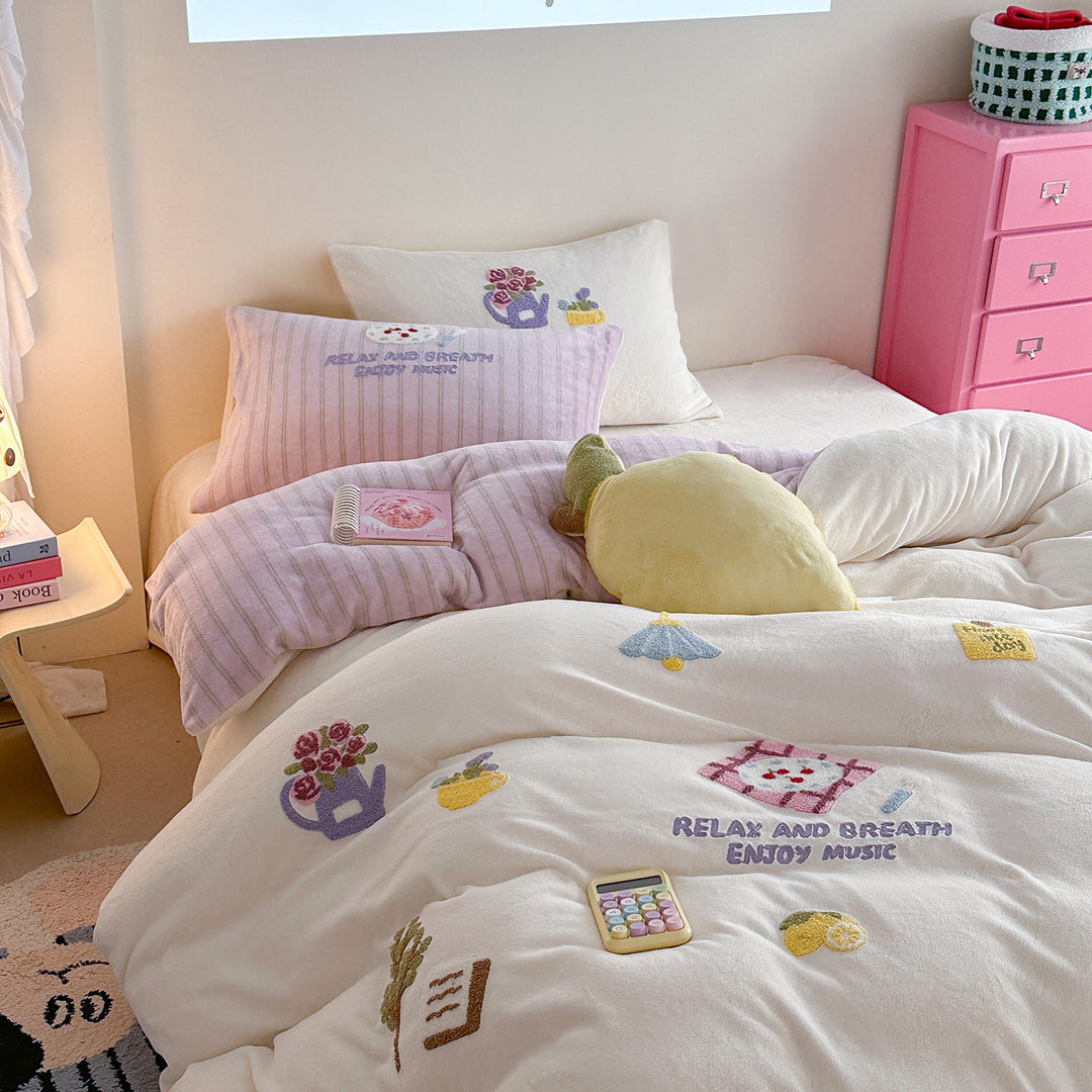 Embroidered Plush Quilted Duvet-Style Comforter with Reversible Striped Backing