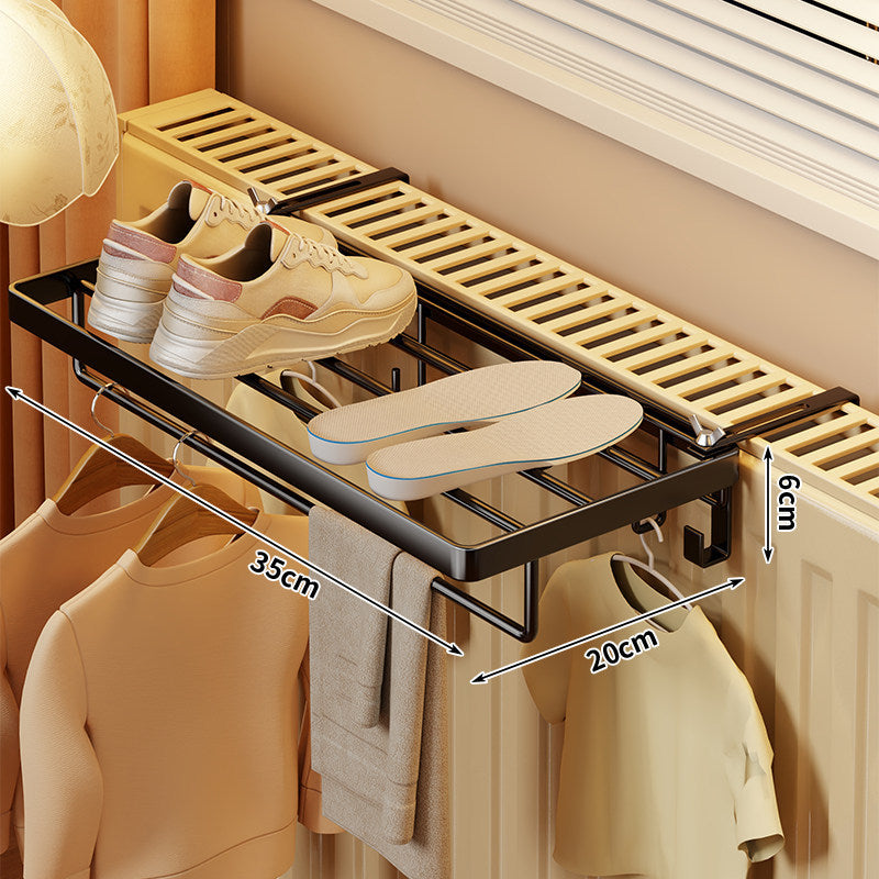 Radiator-Mounted Foldable Drying Rack with Shoe Shelf and Multi-Hook Garment Rail