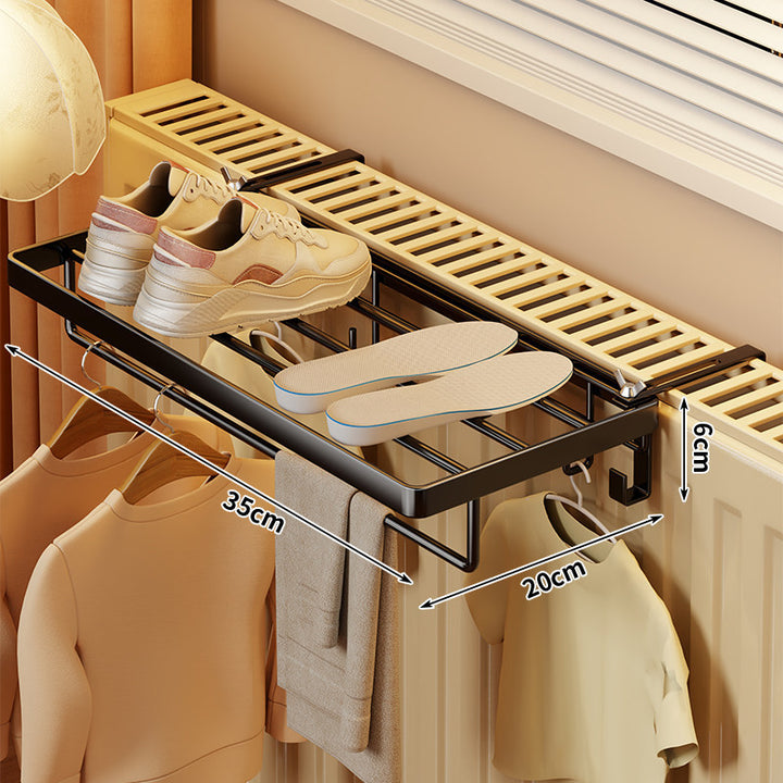 Radiator-Mounted Foldable Drying Rack with Shoe Shelf and Multi-Hook Garment Rail