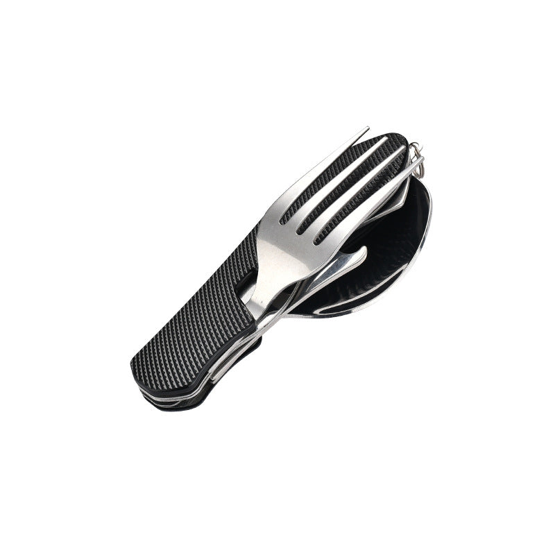 folding stainless steel camping cutlery set with textured grip locking hinge and compact travel clip Stornfield