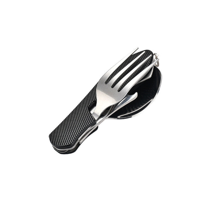 folding stainless steel camping cutlery set with textured grip locking hinge and compact travel clip Stornfield