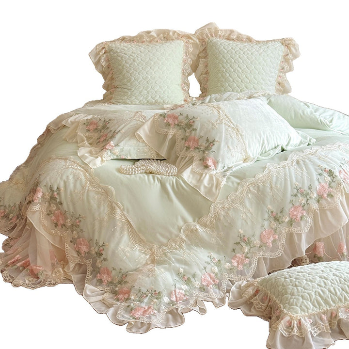 Lace-Embroidered Ruffled Quilted Duvet Cover Set with Scalloped Floral Appliqué