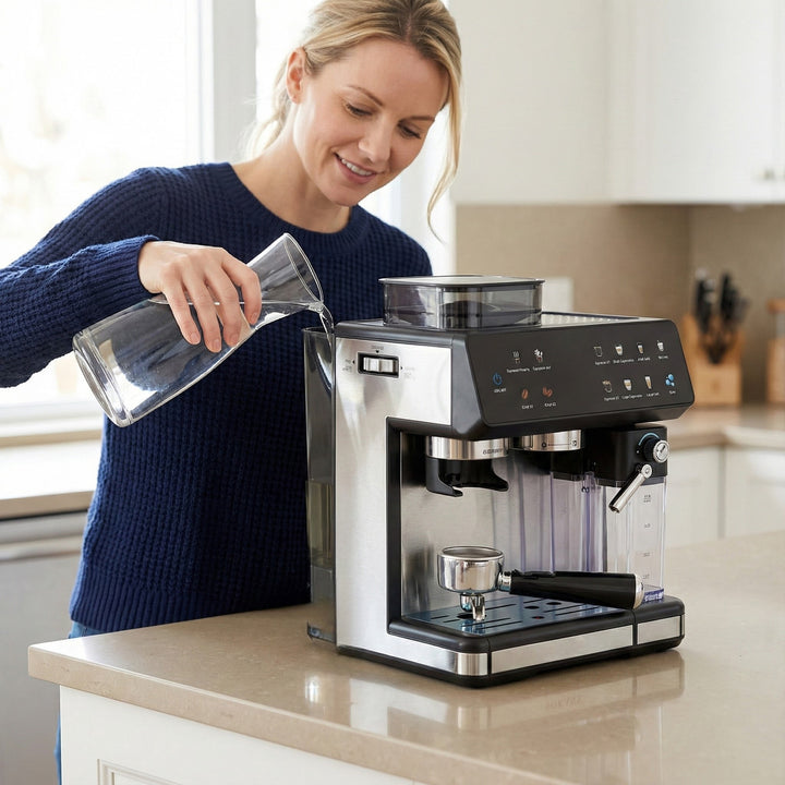 Espresso machine with integrated grinder, automatic temperature control and programmable coffee strengths Stornfield