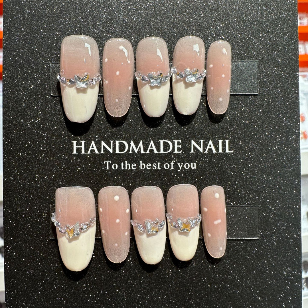 Handmade Elegant Press-On Nail Set with Gem Accents