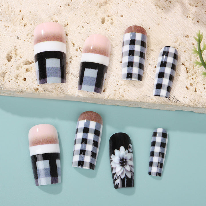 Creative artificial nails with stylish checkered patterns and floral design Stornfield