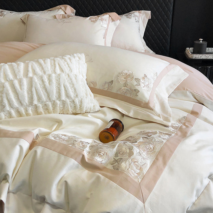 Hotel-style bedding set made of cotton satin with embroidered rose relief and fine border