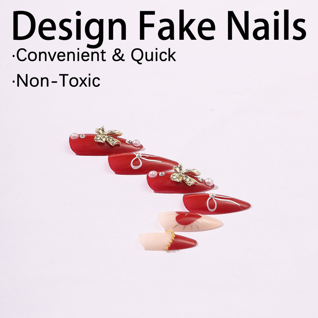 Creative Nail Art Set with Elegant Heart and Bow Designs Stornfield