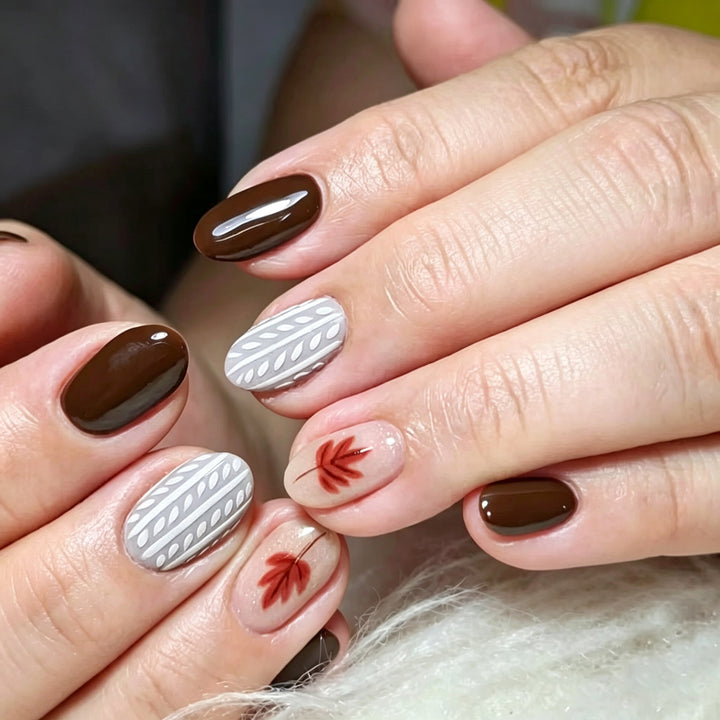 Artistic Press-On Nail Art Set with Leaf and Geometric Patterns Stornfield