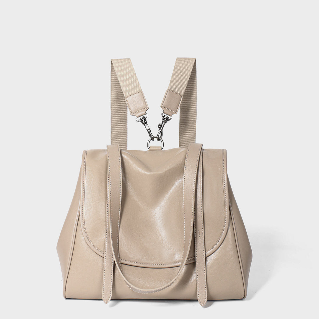 Convertible Smooth Leather Flap Tote Backpack with Detachable Webbing Straps