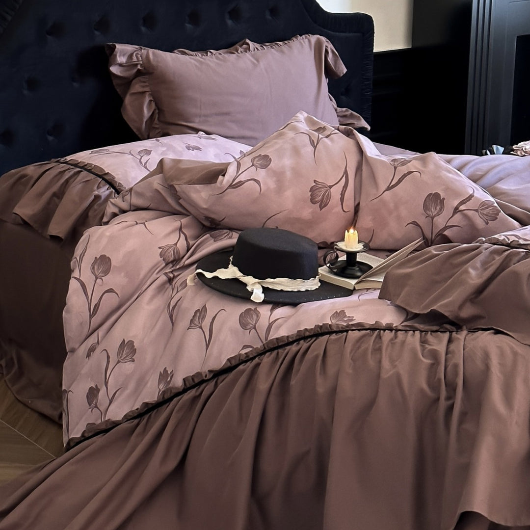 Romantic bedspread and pillow set with rose watercolor, ruffle, and satin trim