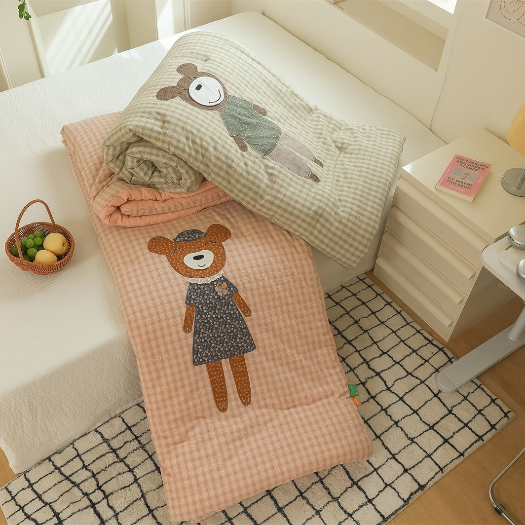 Children's Quilted Gingham Duvet Cover Set with Appliqué Bear Motif