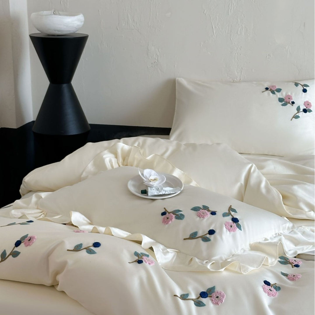 Floral Embroidered Satin-Feel Duvet Cover Set with Pillow Shams