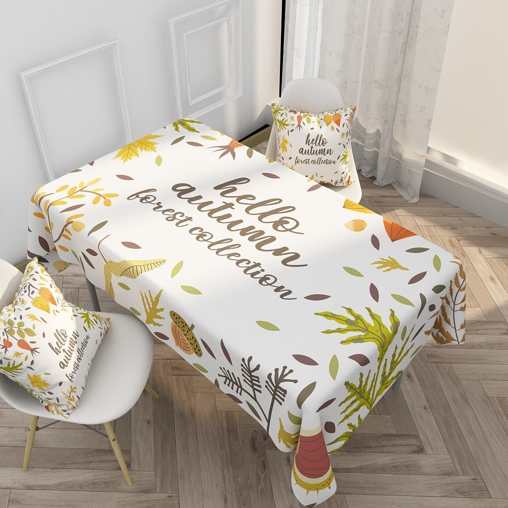 Decorative Cotton-Linen Tablecloth with Fox and Botanical Print, Stain-Resistant Dining Table Cover