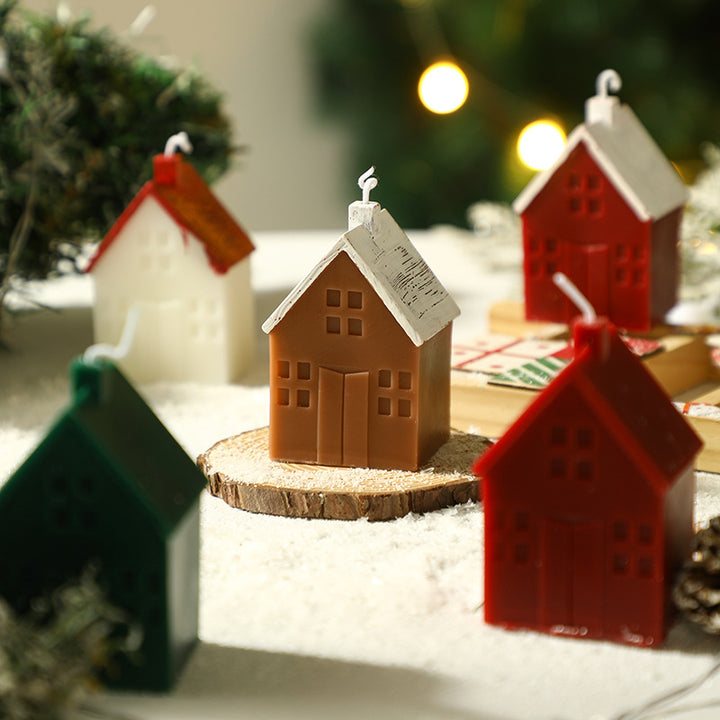 Hand-Poured House-Shaped Scented Soy Candle with Painted Roof & Chimney Holiday Table Centerpiece
