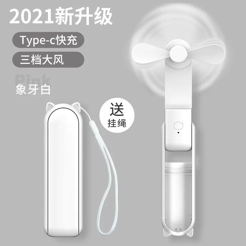 Unisex one size foldable rechargeable triple handheld mini fan with integrated power bank USB-C and USB-A connections as well as wrist strap Stornfield