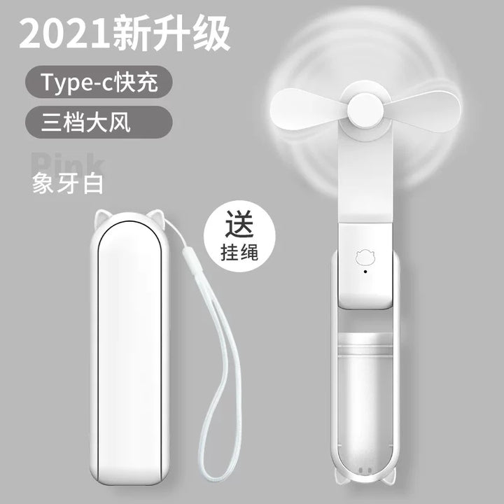 Unisex one size foldable rechargeable triple handheld mini fan with integrated power bank USB-C and USB-A connections as well as wrist strap Stornfield