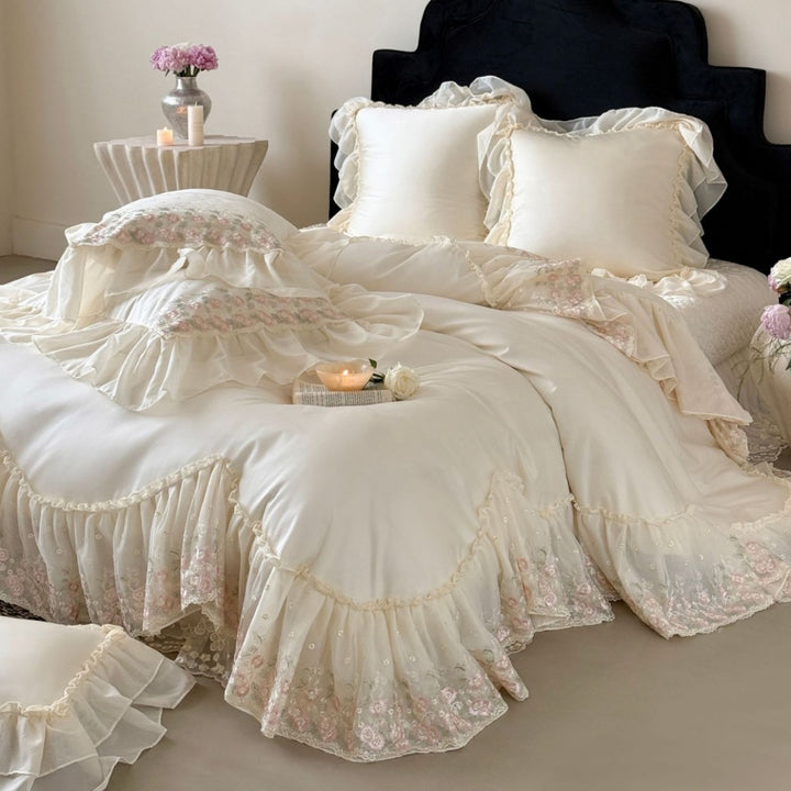 Ruffled Satin-Effect Embroidered Duvet Cover Set with Lace Trim