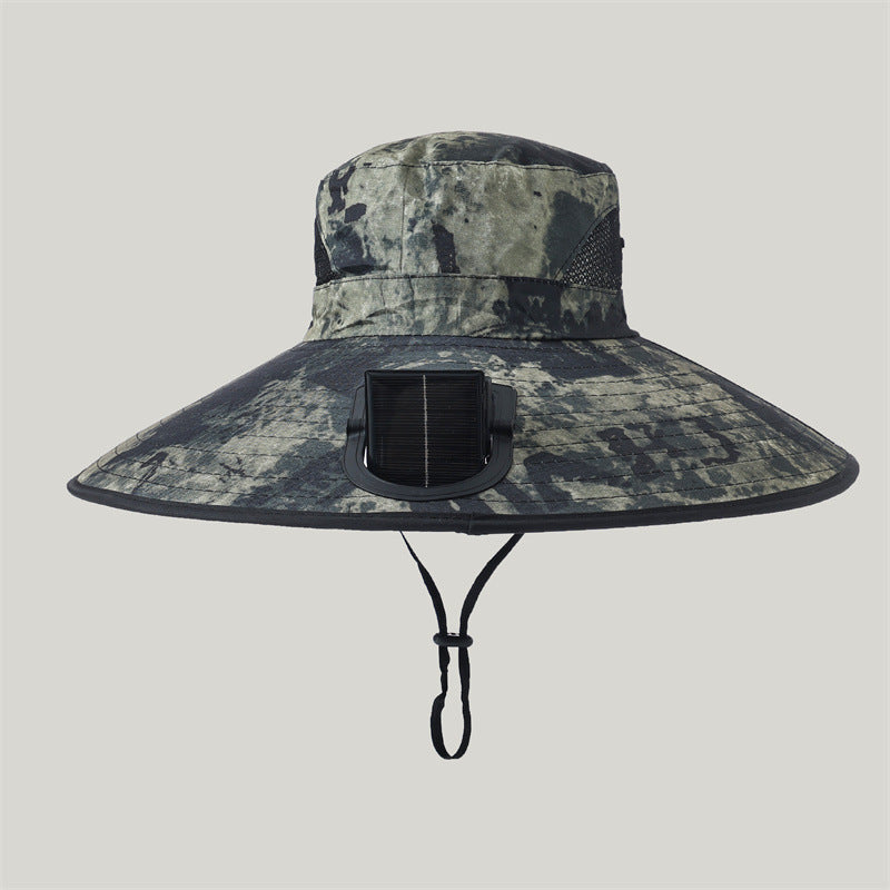Wide-brimmed outdoor sun hat with solar-powered micro fan, breathable mesh and adjustable chin strap Stornfield