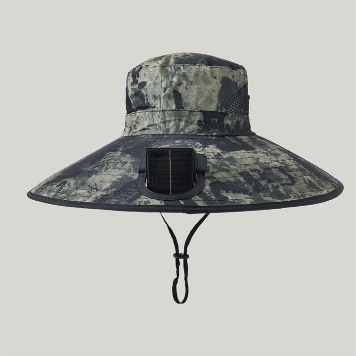 Wide-brimmed outdoor sun hat with solar-powered micro fan, breathable mesh and adjustable chin strap Stornfield
