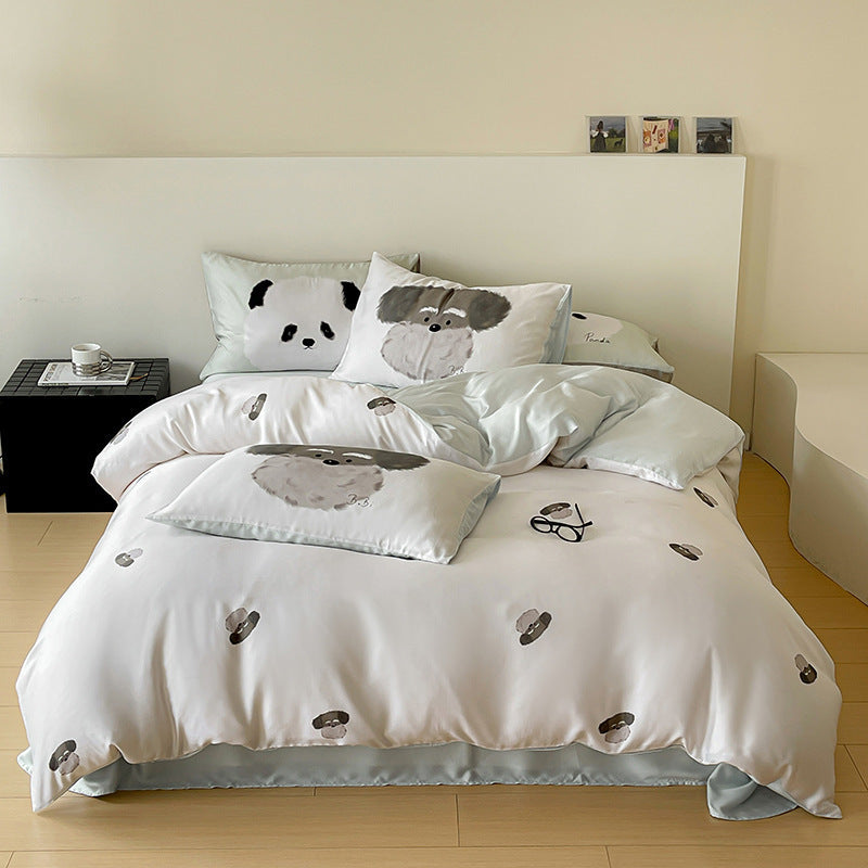 Reversible cotton satin bedding set with minimalist panda faces