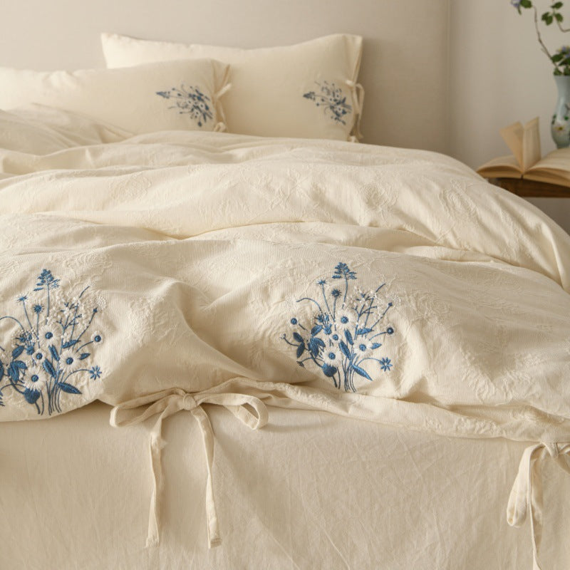 Cotton-Linen Embroidered Duvet Cover Set with Tie-Closure Pillowcases
