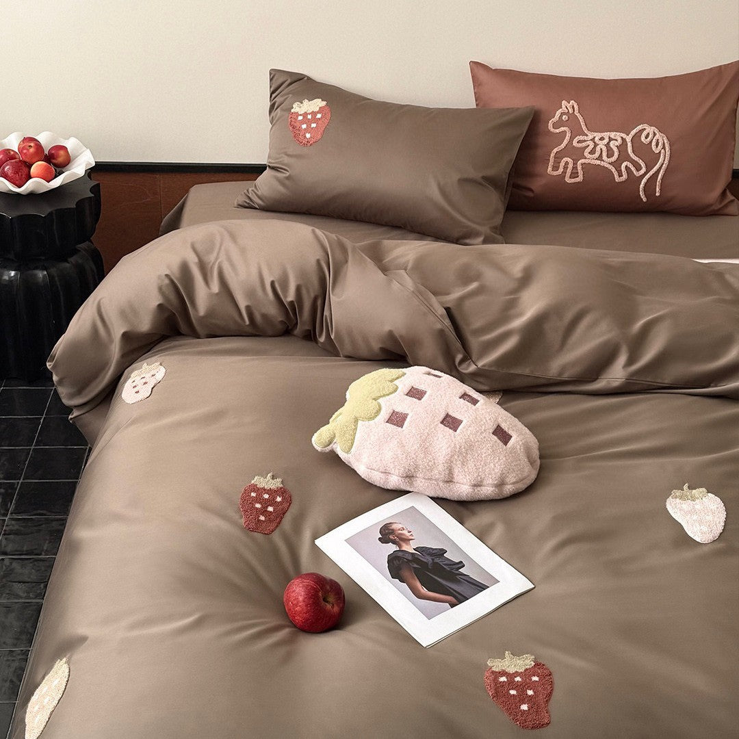Silky Satin Strawberry Appliqué Reversible Duvet Cover & Pillow Sham Set