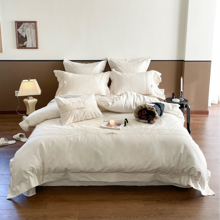 Embroidered Cotton Sateen Duvet Cover Set with Pleated Trim