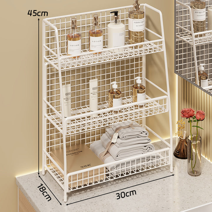 Multi-Tier Wire Grid Countertop Organizer with Angled Frame and Ventilated Mesh Shelves