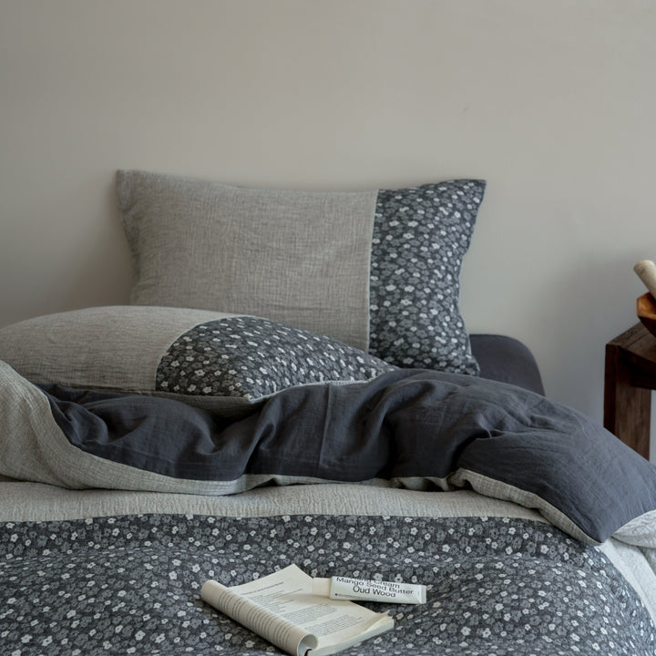 Reversible Cotton-Linen Duvet Cover Set with Floral Patchwork Pillow Shams