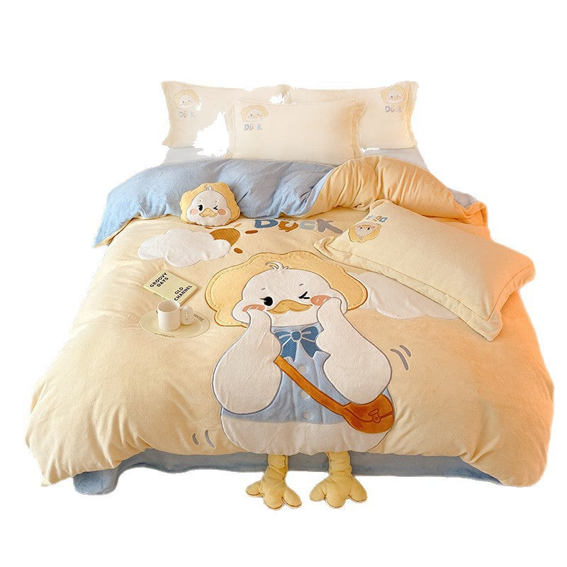 Plush Cartoon Duck Flannel Duvet Cover Bedding Set