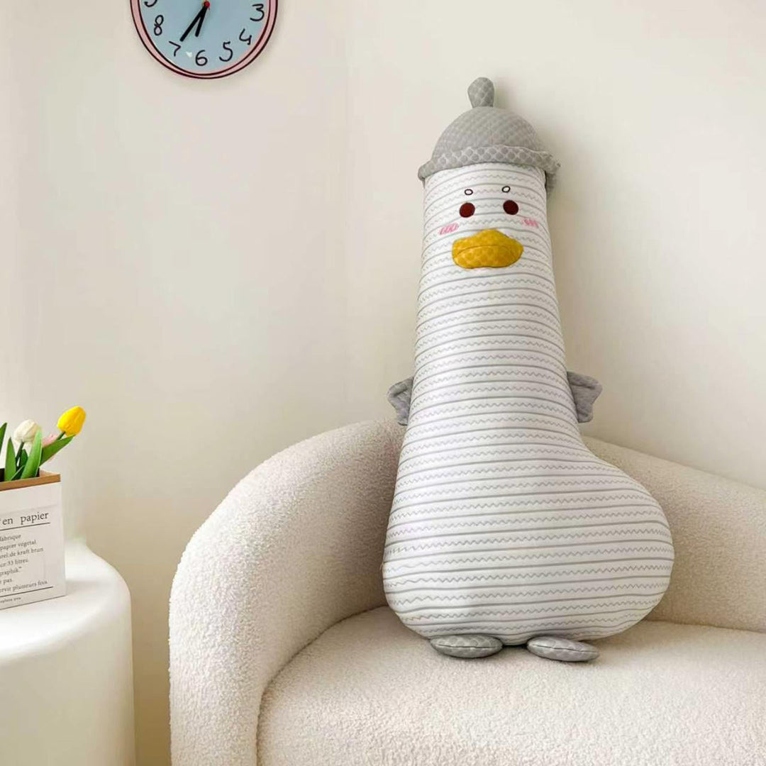 Large cuddly duck body pillow with hat and striped cotton cover