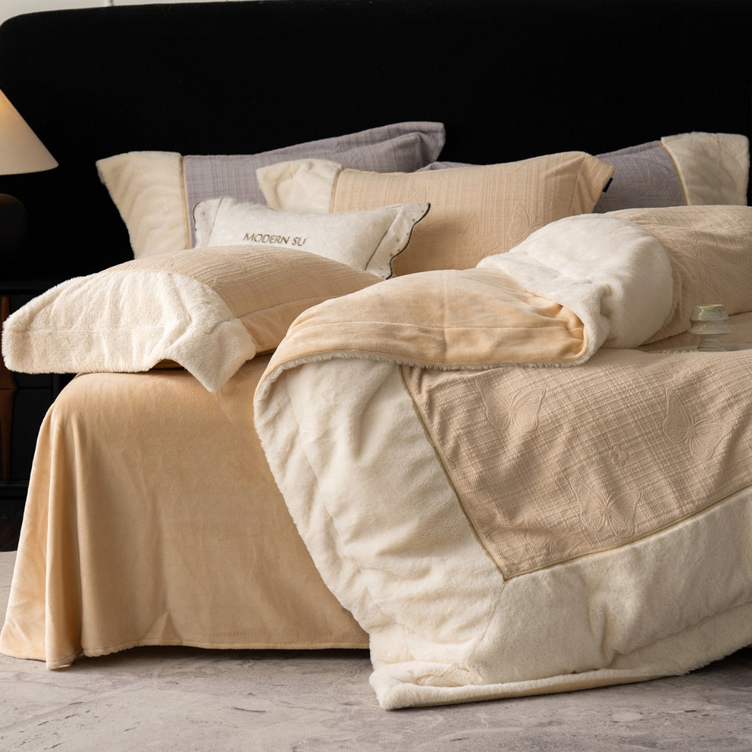Plush Reversible Faux-Fur Comforter Set with Quilted Butterfly-Embossed Cotton Top and Decorative Throw Pillow