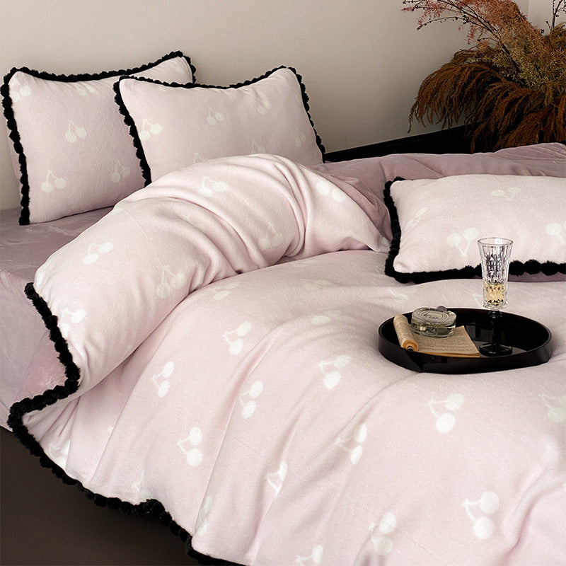 Cherry-Jacquard Cotton-Blend Duvet Cover Set with Pom-Pom Edge and Contrast Ruffle Trim