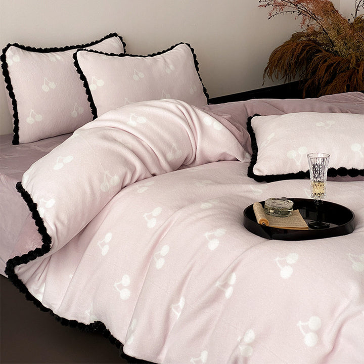 Cherry-Jacquard Cotton-Blend Duvet Cover Set with Pom-Pom Edge and Contrast Ruffle Trim