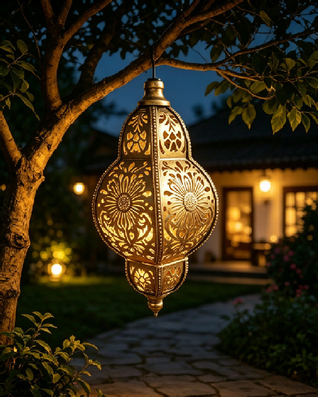Ornate Moroccan Cutout Metal Hanging Pendant Light With Decorative Shadow Projection And Ceiling Canopy Stornfield