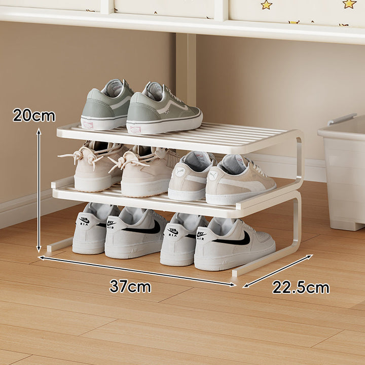 Compact Low-Profile Two-Level Metal Shoe Organizer Rack