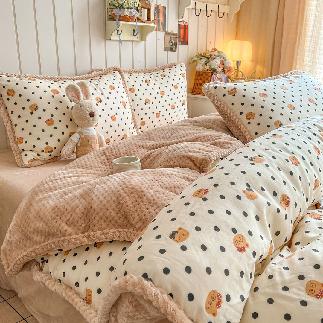 Plush Reversible Sherpa Duvet Cover Set with Quilted Waffle Comforter and Scalloped Pillow Shams