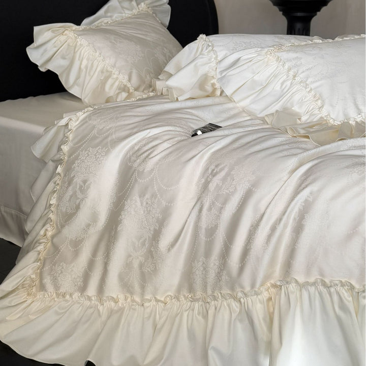 Ruffled Luxury Cotton Sateen Duvet Cover Set with Frilled Decorative Shams