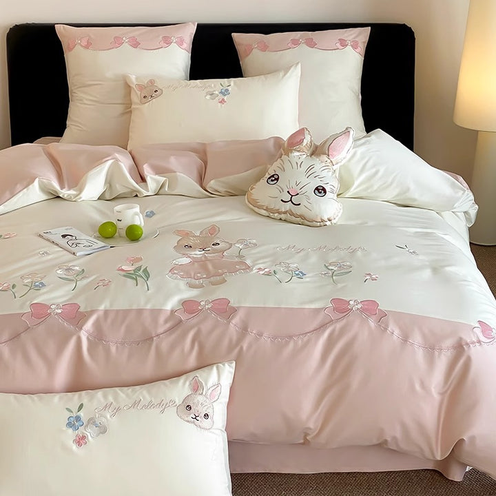 Whimsical Bunny Embroidered Duvet Cover Set with Reversible Sateen Back and Plush Accent