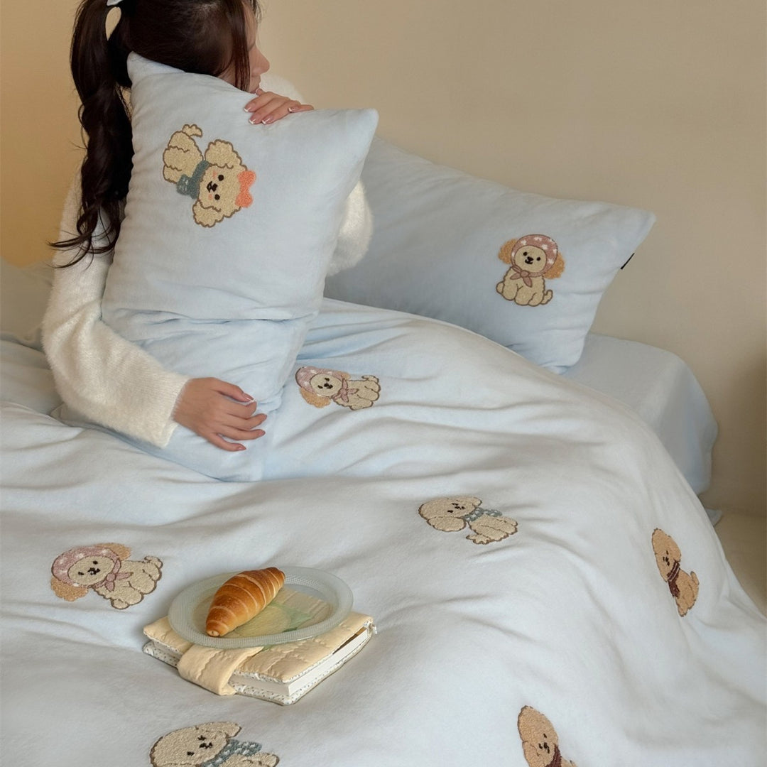 Cute Embroidered Puppy Cotton-Sateen Duvet Cover Set