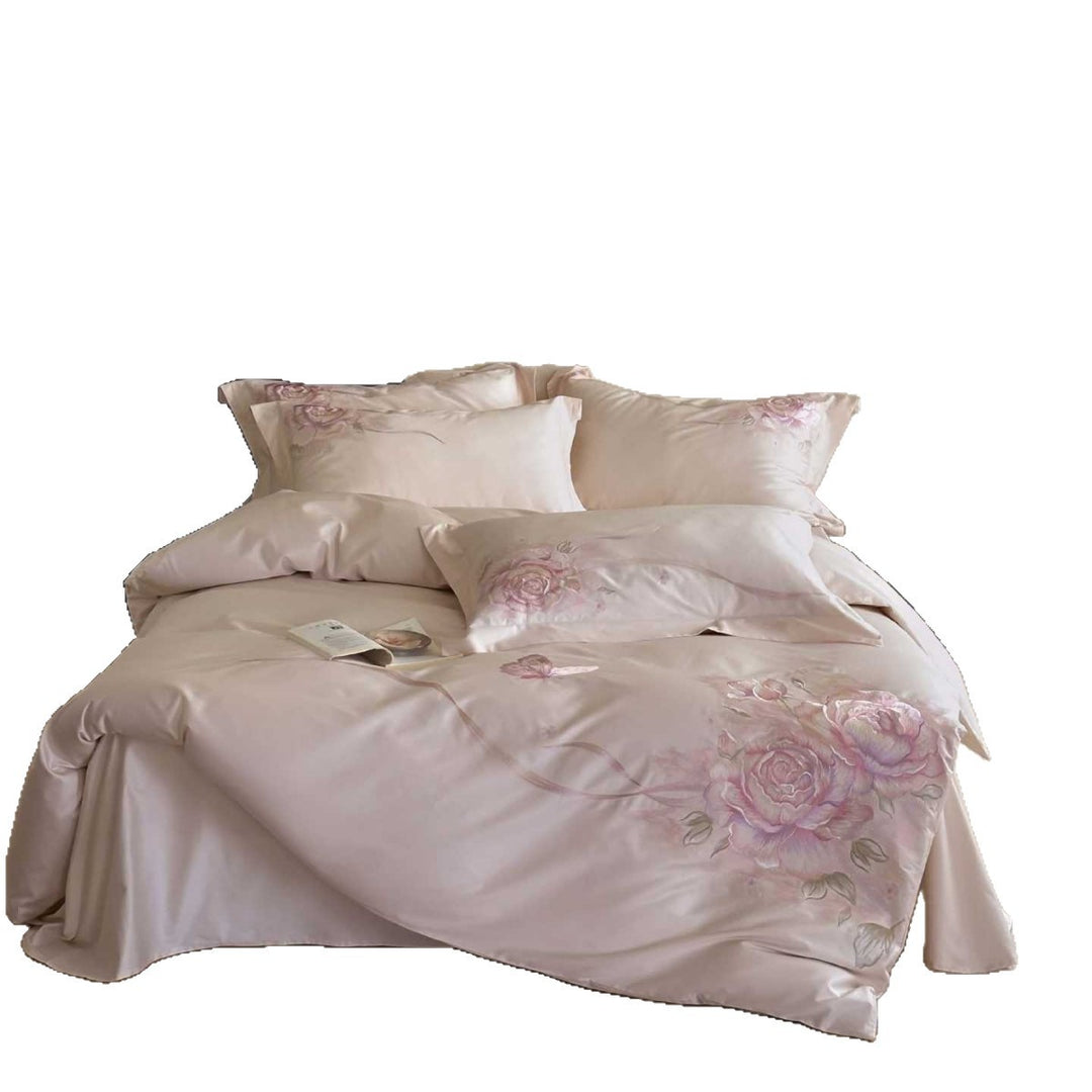 Luxury Silk-Feel Floral Embroidered Duvet Cover & Pillow Sham Set