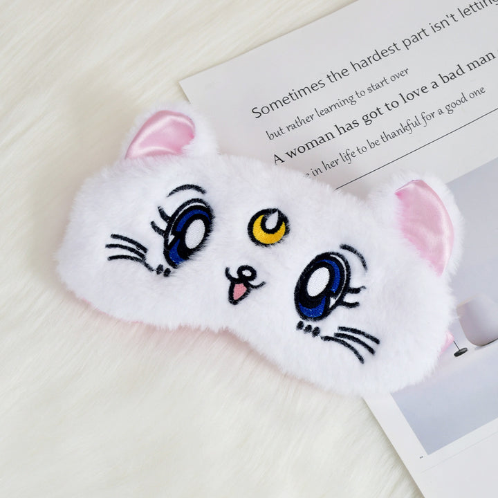 Women's fluffy sleep mask with embroidered cat design and soft comfort ears Stornfield