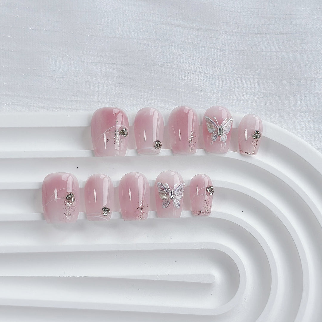 Elegant Press-On Nail Art Set with Butterfly and Gem Embellishments