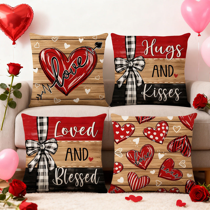 Decorative Square Throw Pillow Cover with Script 'Loved and Blessed' Print and Buffalo-Check Bow Accent