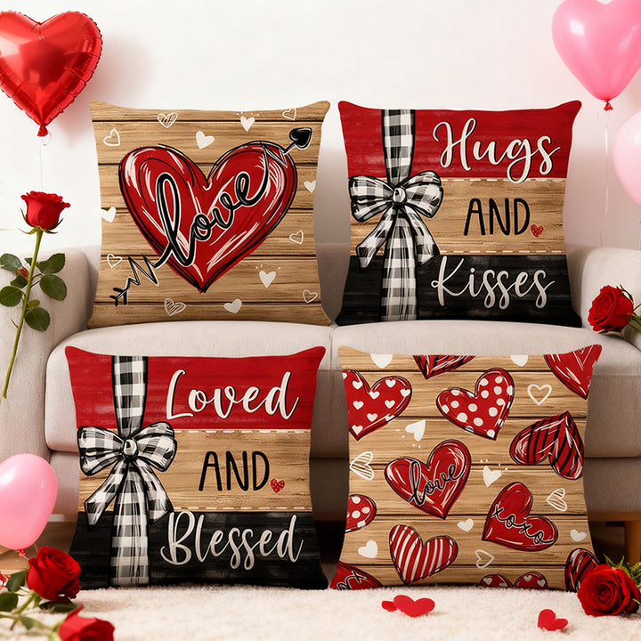 Decorative Square Throw Pillow Cover with Script 'Loved and Blessed' Print and Buffalo-Check Bow Accent