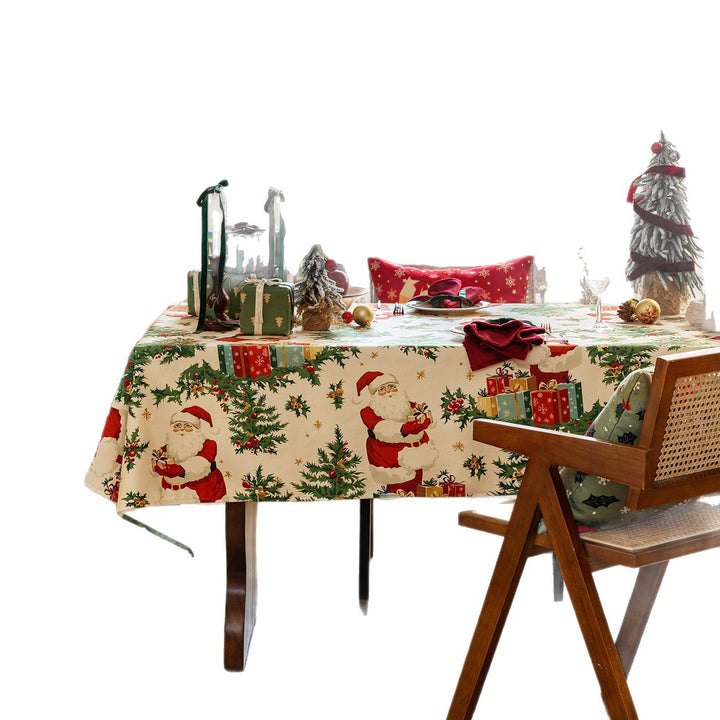 Festive tablecloth with Santa Claus illustration and wipeable surface