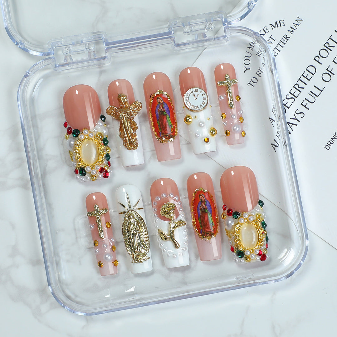 Artificial nail set with luxurious 3D decorations and religious motifs Stornfield