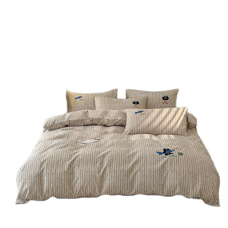 Embroidered Cotton-Blend Stripe Duvet Cover Set with Playful Cat & Fish Appliqué