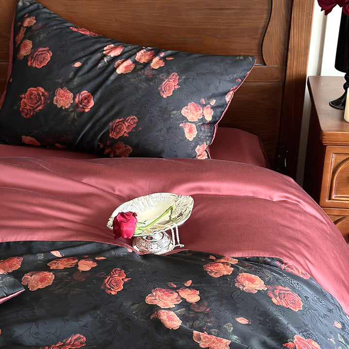 Luxurious satin bedding set with rose pattern and reversible cover